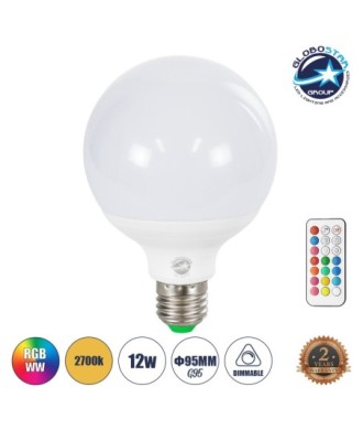 GLOBOSTAR® RGBOO 76071 Λάμπα E27 G95 με IR Ασύρματο Χειριστήριο LED 12W 780lm 260° AC 220-240V IP20 Πολύχρωμο RGB+WW Dimmable - Sanan SMD Chip - Μ9.5 x Π9.5 x Υ14cm - 2 Χρόνια Εγγύηση